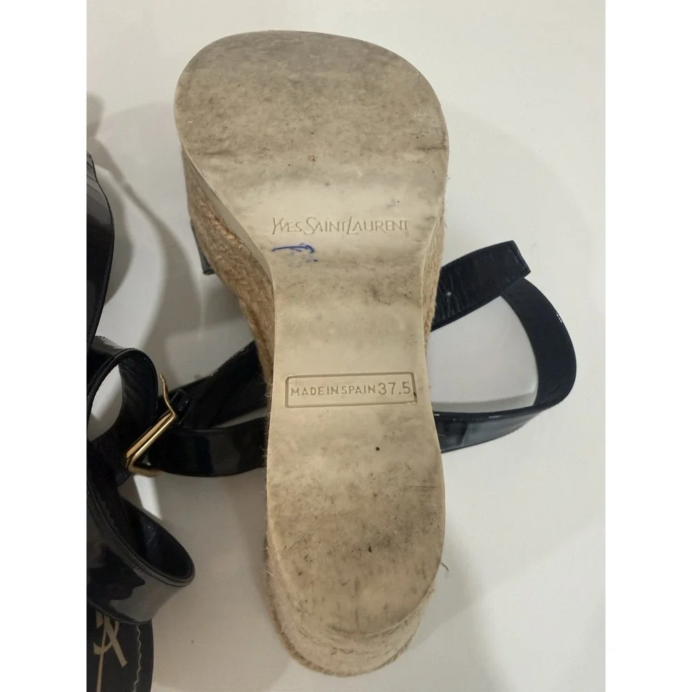 Yves Saint Laurent Espadrille Wedge Sandals Shoes Dark Blue Leather Size 37.5